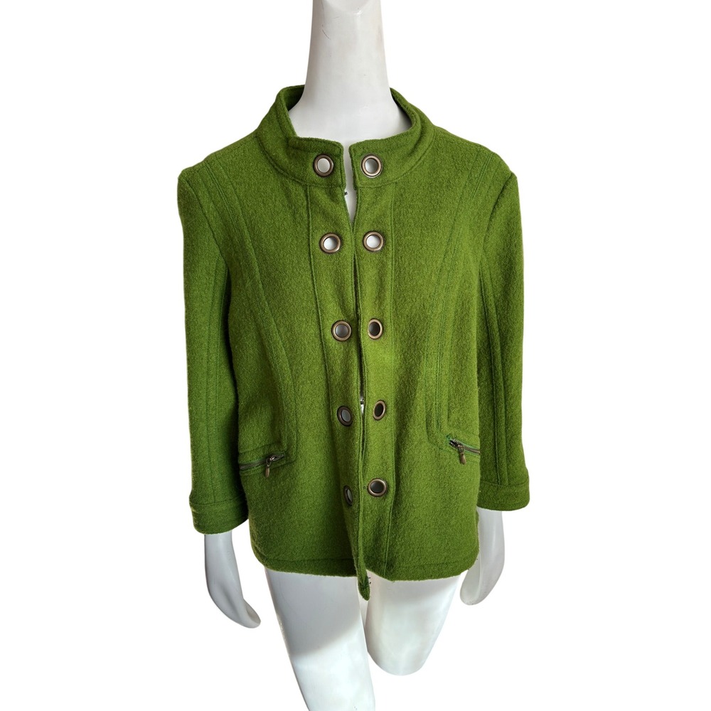 Tria Green Boiled Wool Grommet Jacket Mock Neck Hook Eye Closure Womens L